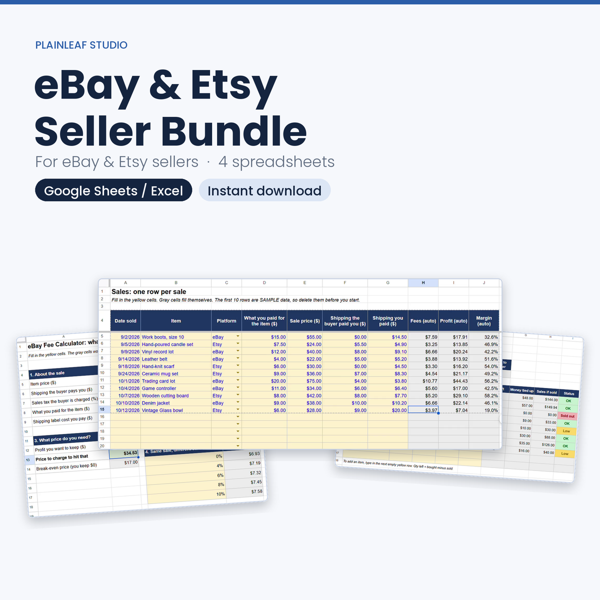 Complete eBay & Etsy Seller Bundle: 4 Spreadsheets (Google Sheets / Excel)