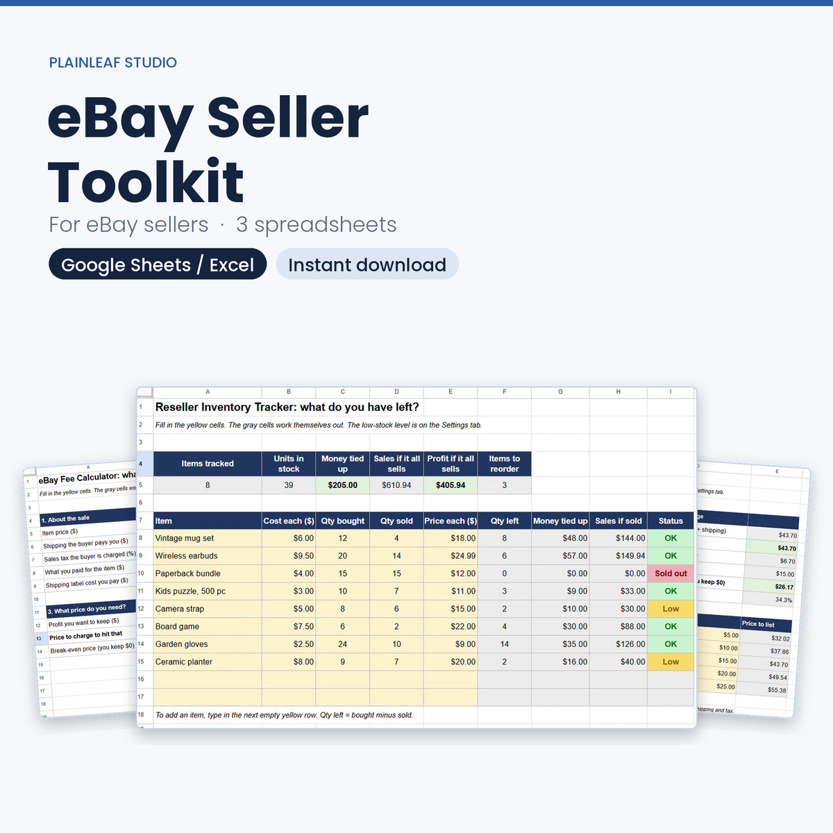 eBay Seller Toolkit: Fee, Price & Inventory Sheets (Google Sheets / Excel)