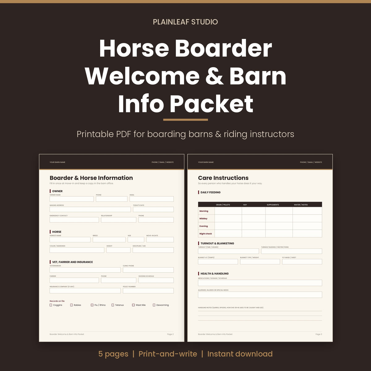 Horse Boarder Welcome & Barn Info Packet | Printable PDF for Boarding Barns & Riding Instructors