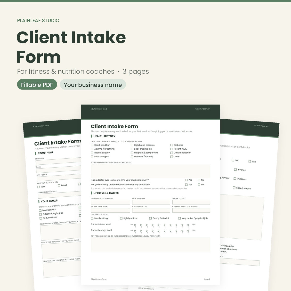 Client Intake Form fillable PDF for coaches