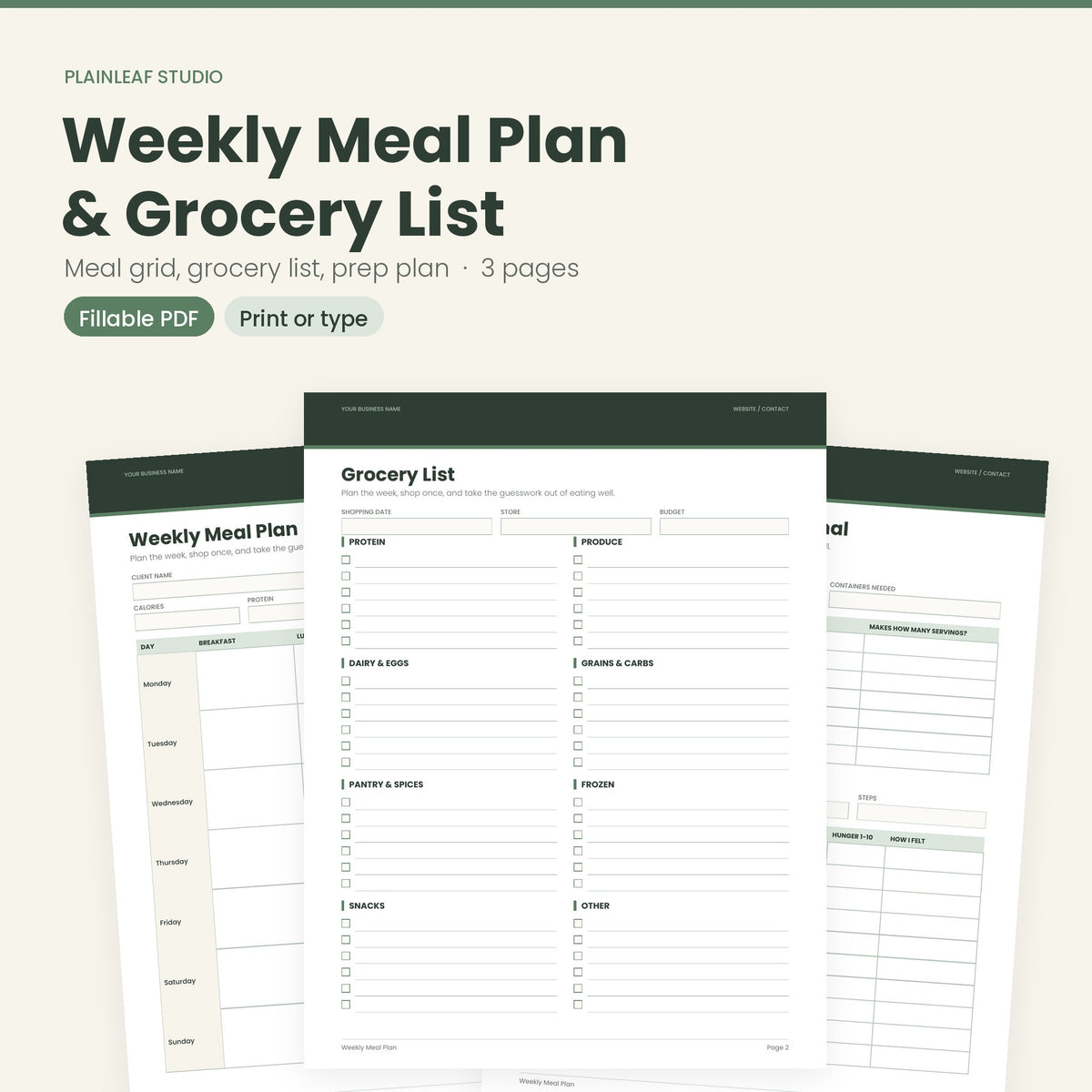Weekly Meal Plan & Grocery List – Fillable PDF for Coaches