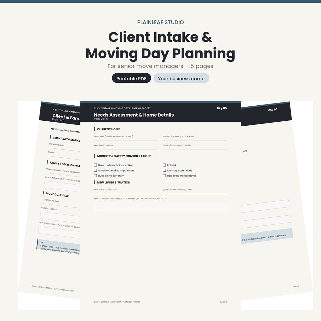 Senior Move Manager Client Intake & Moving Day Planning Packet cover