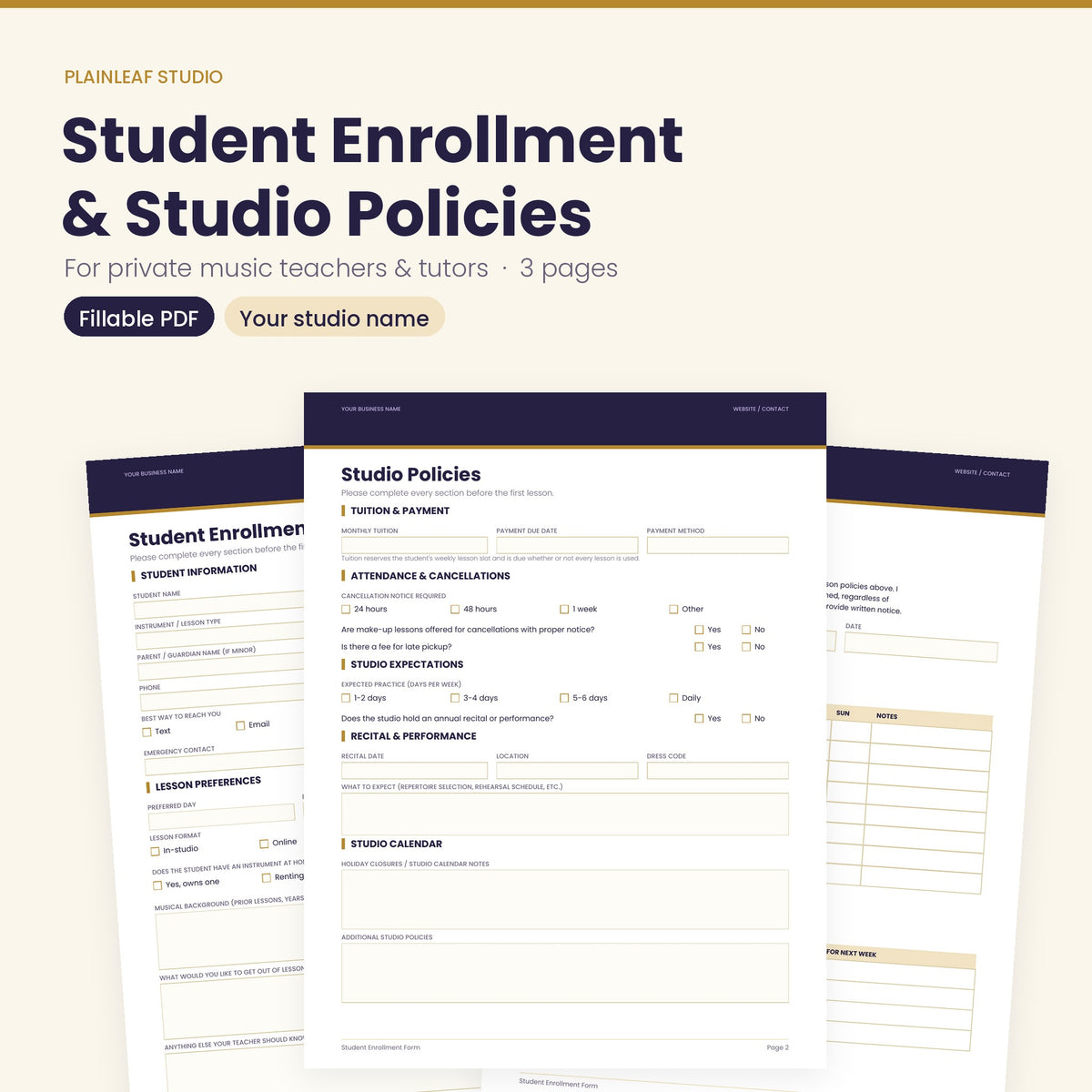 Student Enrollment & Studio Policies Packet – Fillable PDF for Private Music Teachers & Tutors