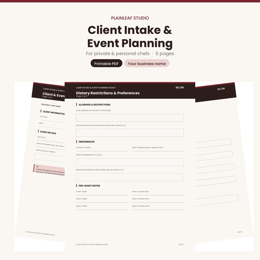 Private Chef Client Intake & Event Planning Packet | Printable PDF Questionnaire for Personal Chefs & Catering Businesses