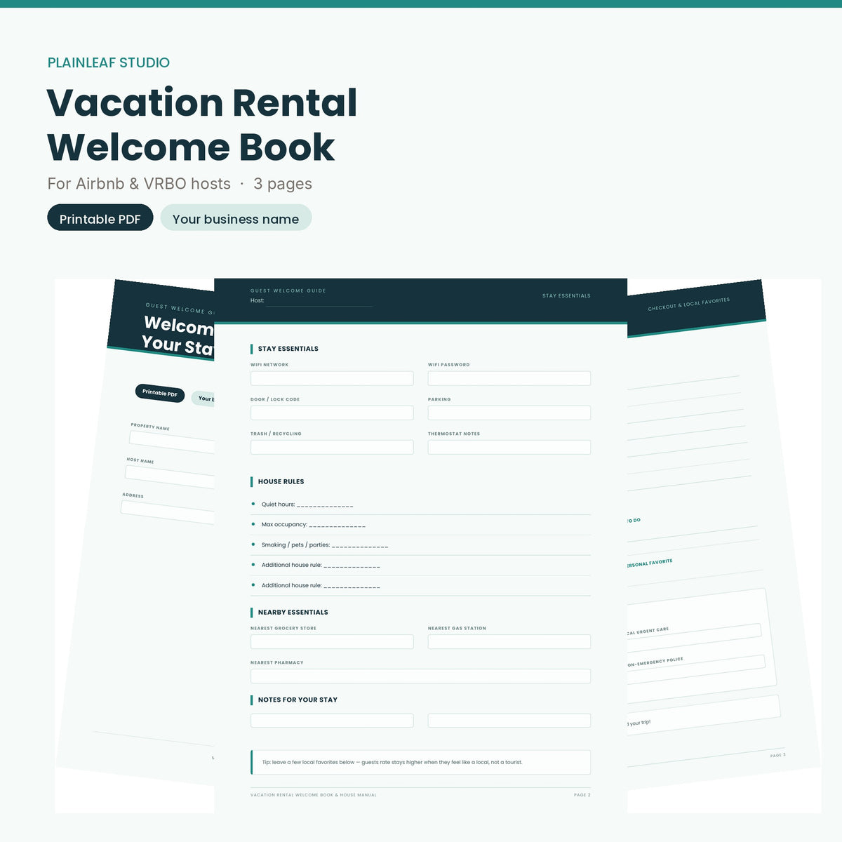Vacation Rental Welcome Book & House Manual – Printable PDF for Airbnb & VRBO Hosts
