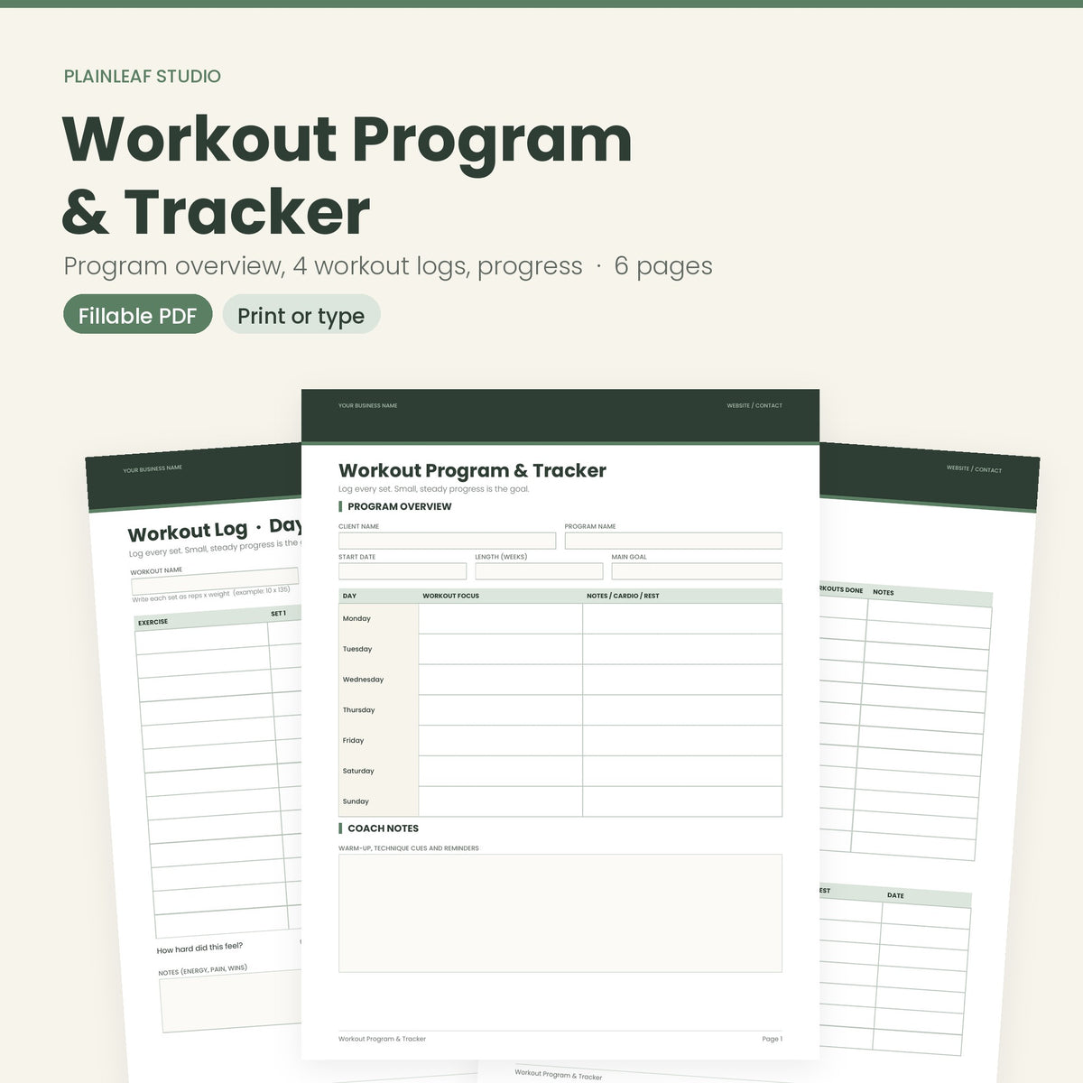 Workout Program & Tracker – Fillable PDF for Coaches