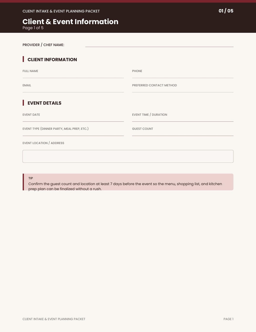 Private Chef Client Intake & Event Planning Packet | Printable PDF Questionnaire for Personal Chefs & Catering Businesses