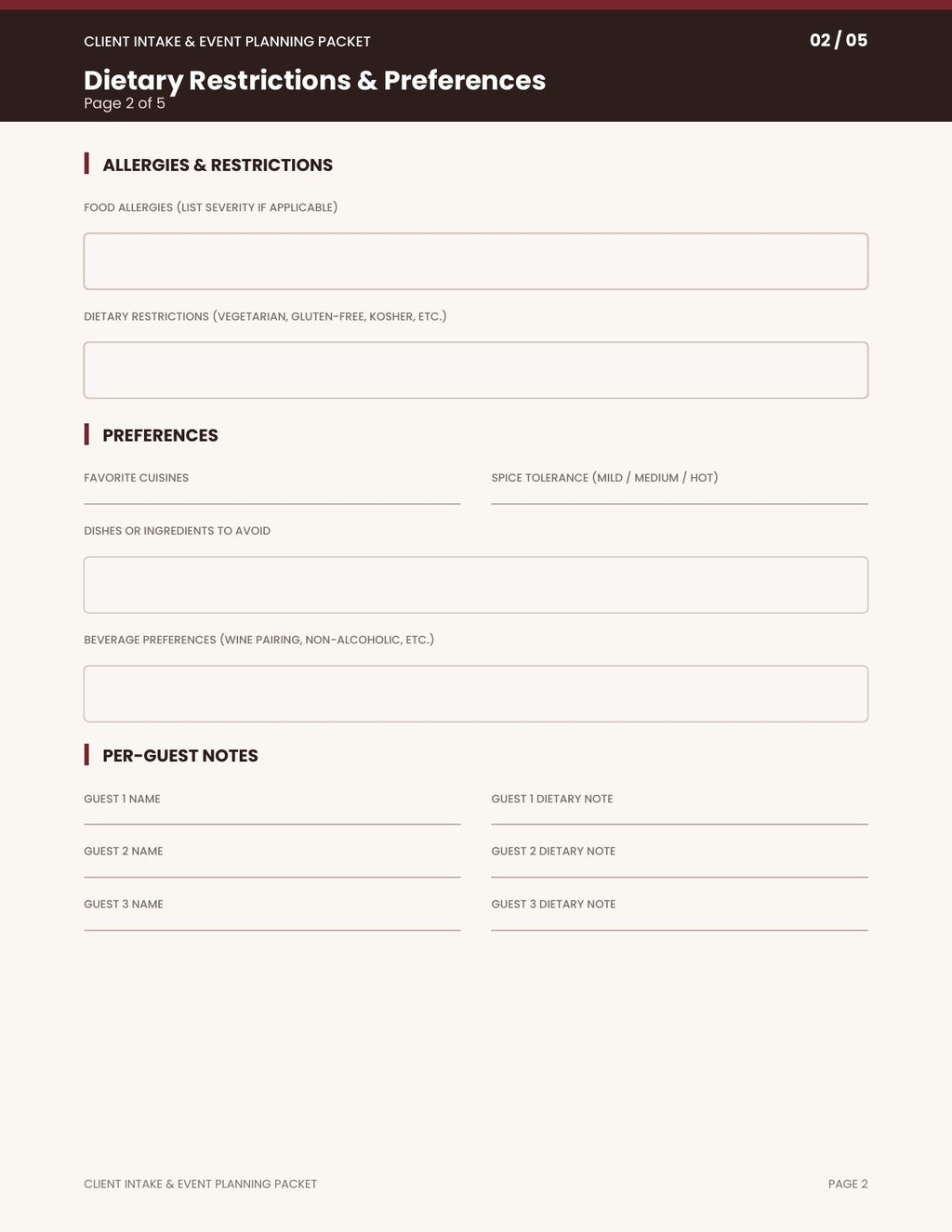 Private Chef Client Intake & Event Planning Packet | Printable PDF Questionnaire for Personal Chefs & Catering Businesses
