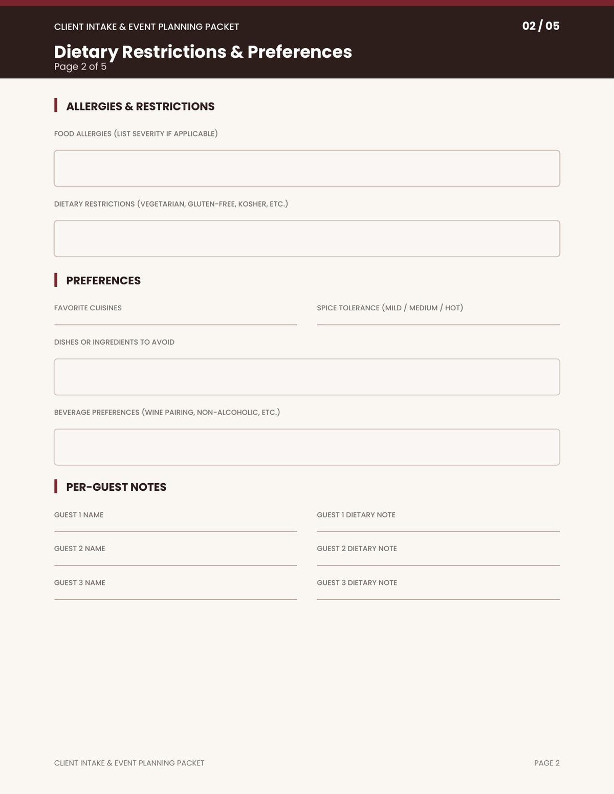 Private Chef Client Intake & Event Planning Packet | Printable PDF Questionnaire for Personal Chefs & Catering Businesses