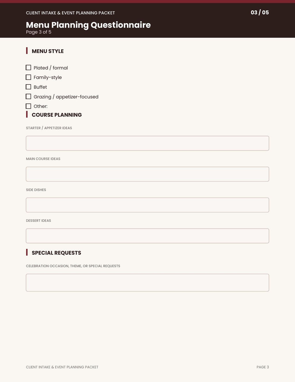 Private Chef Client Intake & Event Planning Packet | Printable PDF Questionnaire for Personal Chefs & Catering Businesses
