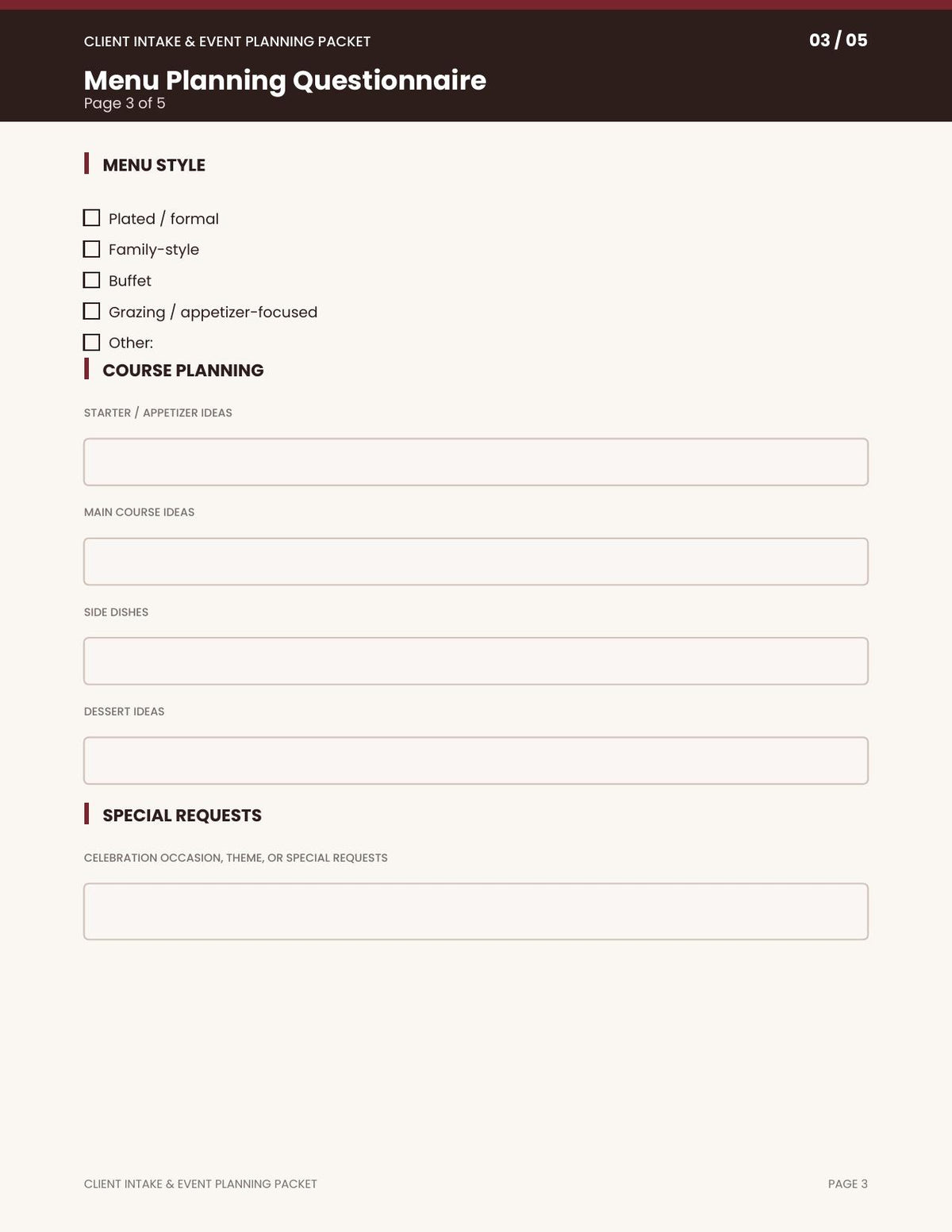 Private Chef Client Intake & Event Planning Packet | Printable PDF Questionnaire for Personal Chefs & Catering Businesses