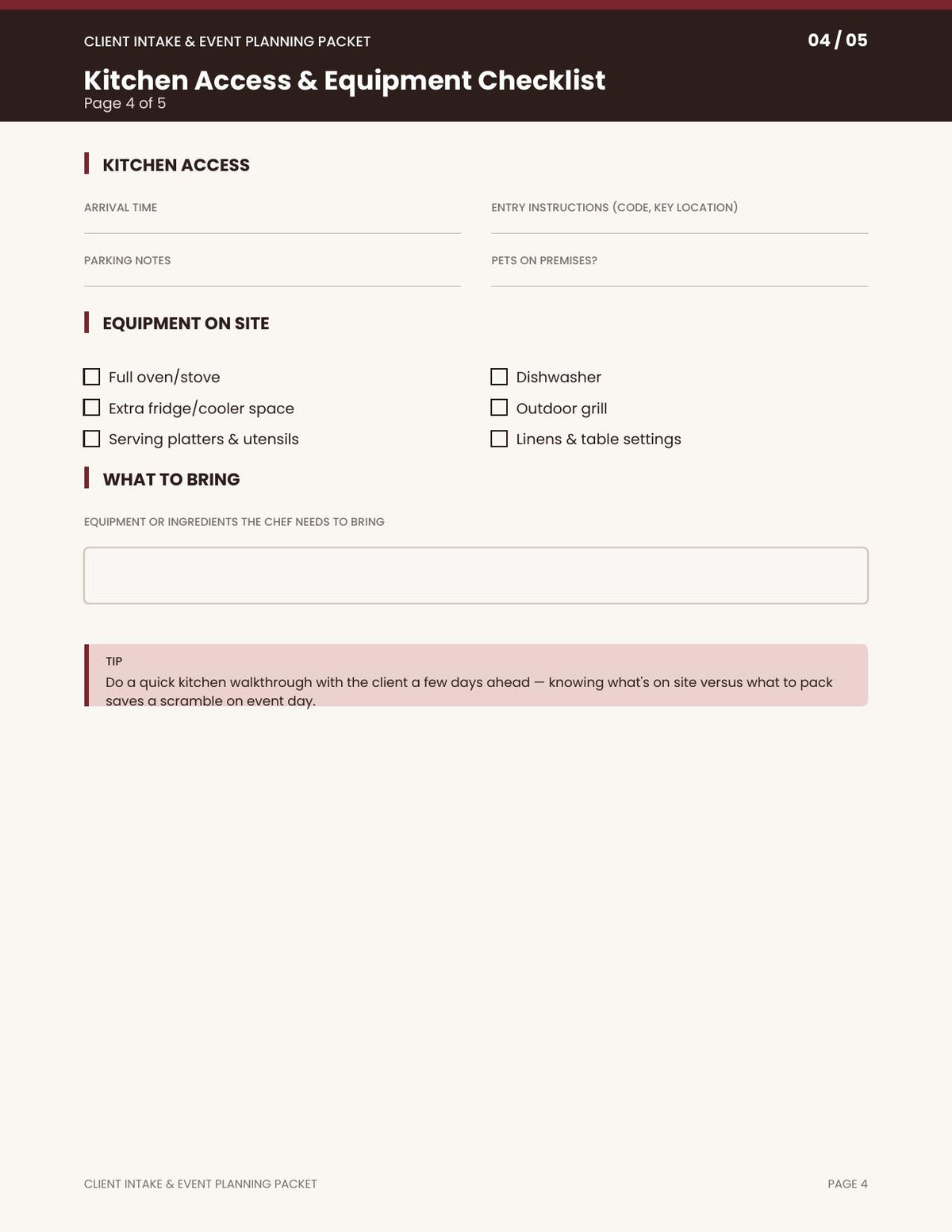Private Chef Client Intake & Event Planning Packet | Printable PDF Questionnaire for Personal Chefs & Catering Businesses