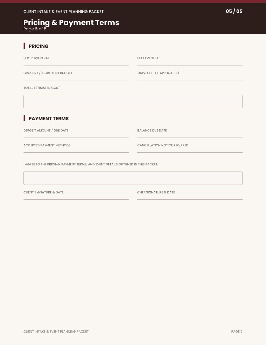 Private Chef Client Intake & Event Planning Packet | Printable PDF Questionnaire for Personal Chefs & Catering Businesses