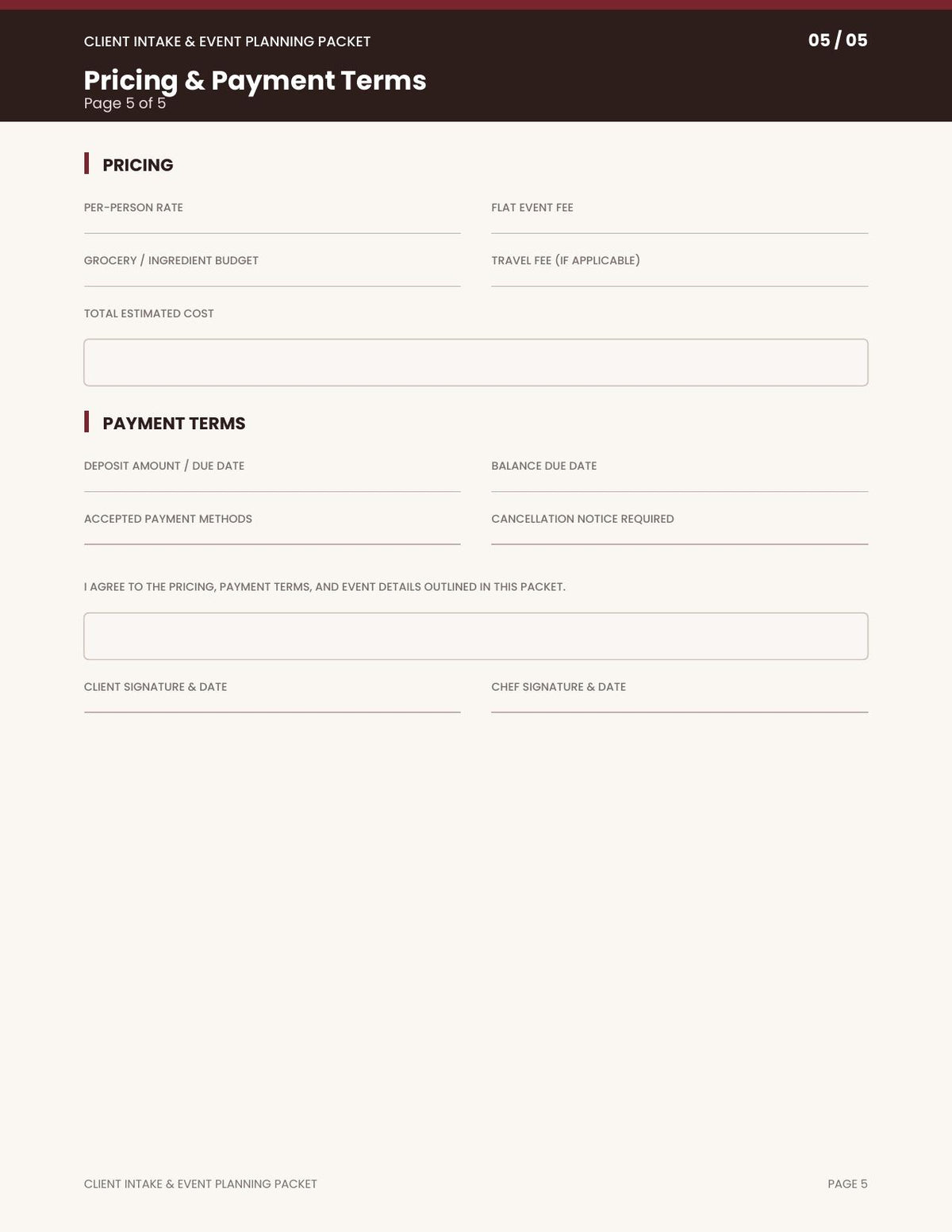Private Chef Client Intake & Event Planning Packet | Printable PDF Questionnaire for Personal Chefs & Catering Businesses